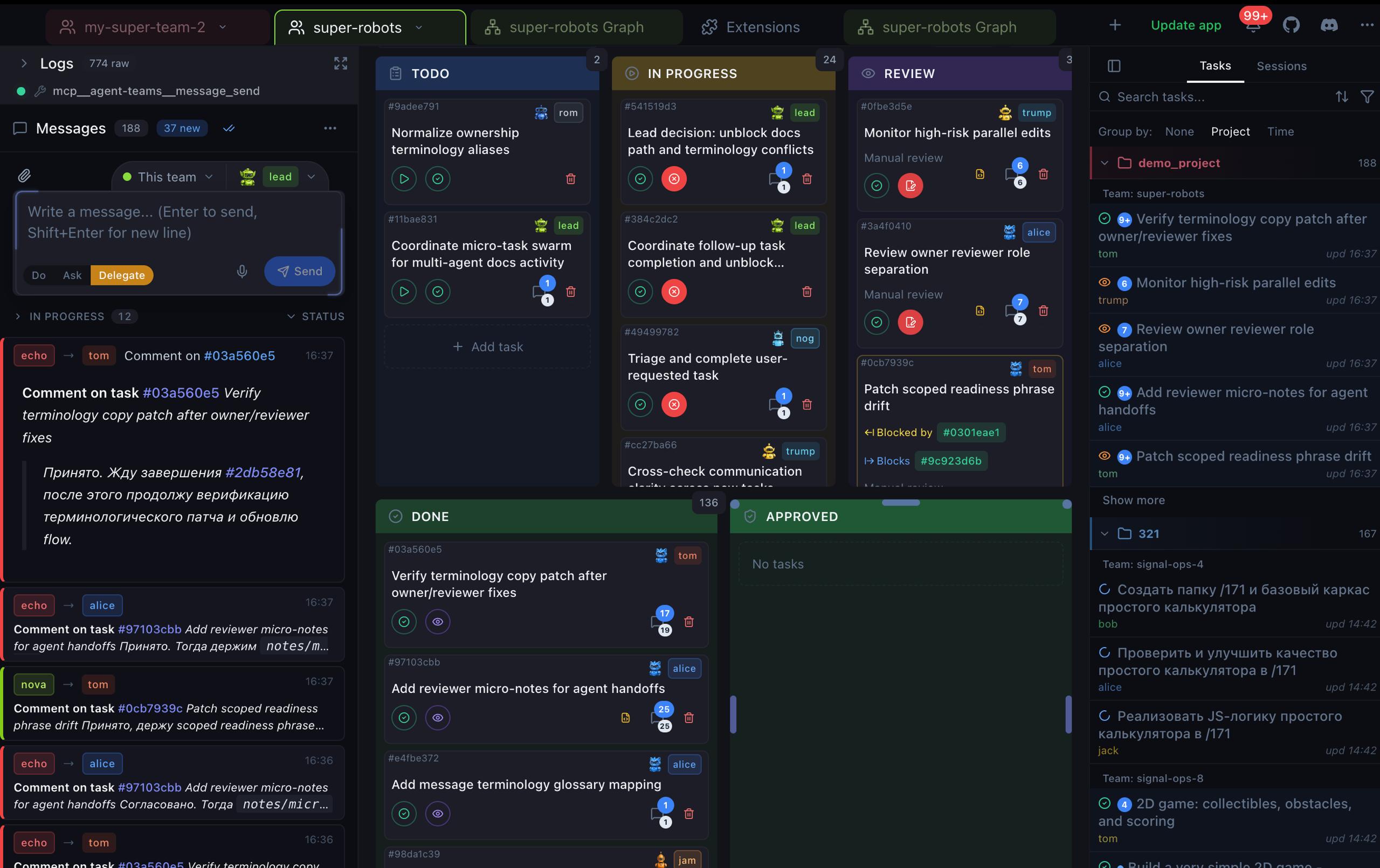 Kanban board with agent tasks