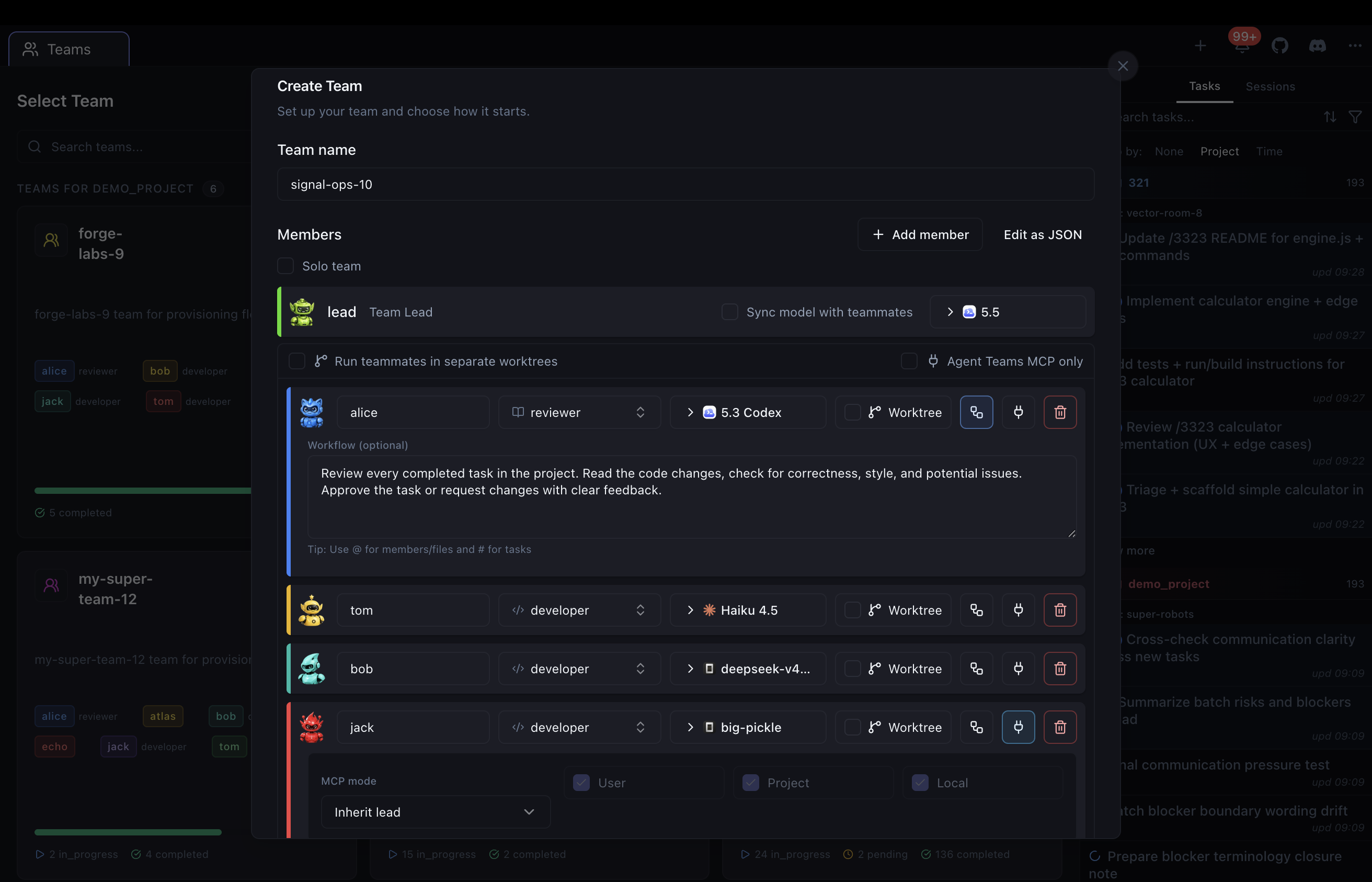 Team management dashboard