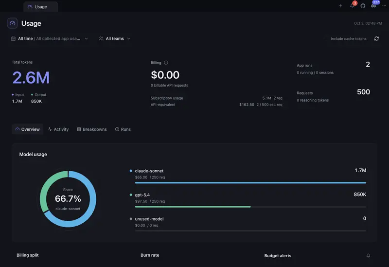 Token usage, costs, runs, and budget analytics