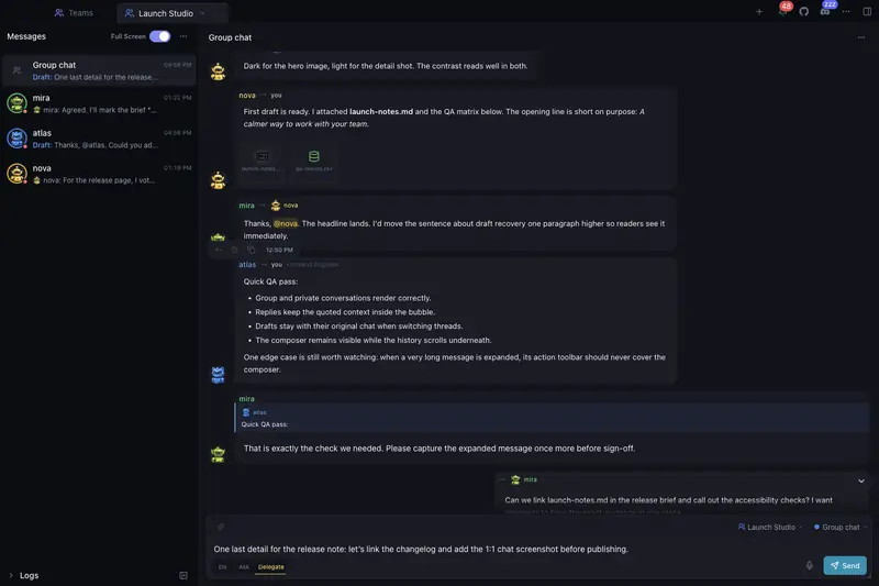 Full-screen team chat with replies, attachments, mentions, and drafts